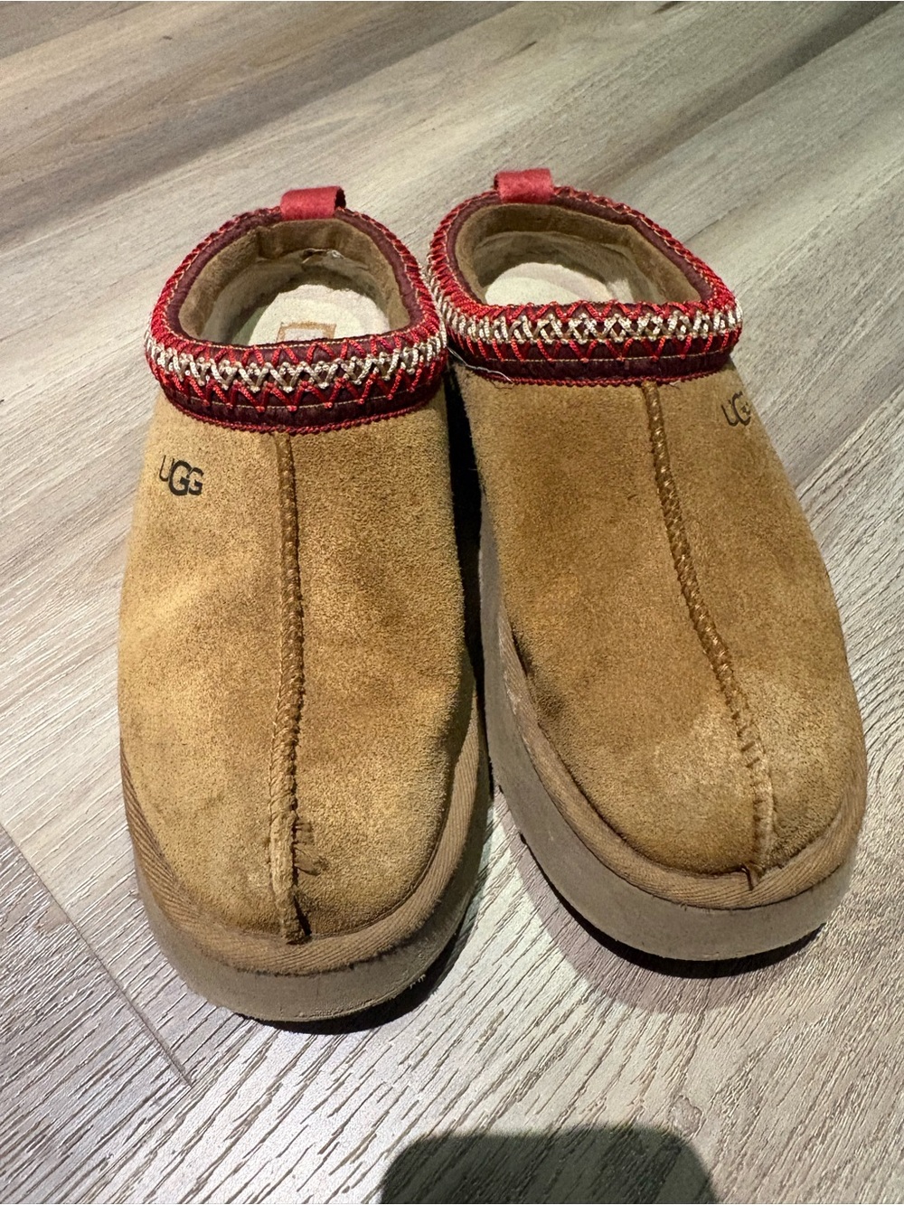 UGG Women’s Chestnut Suede Slip-On Clog with Red Trim